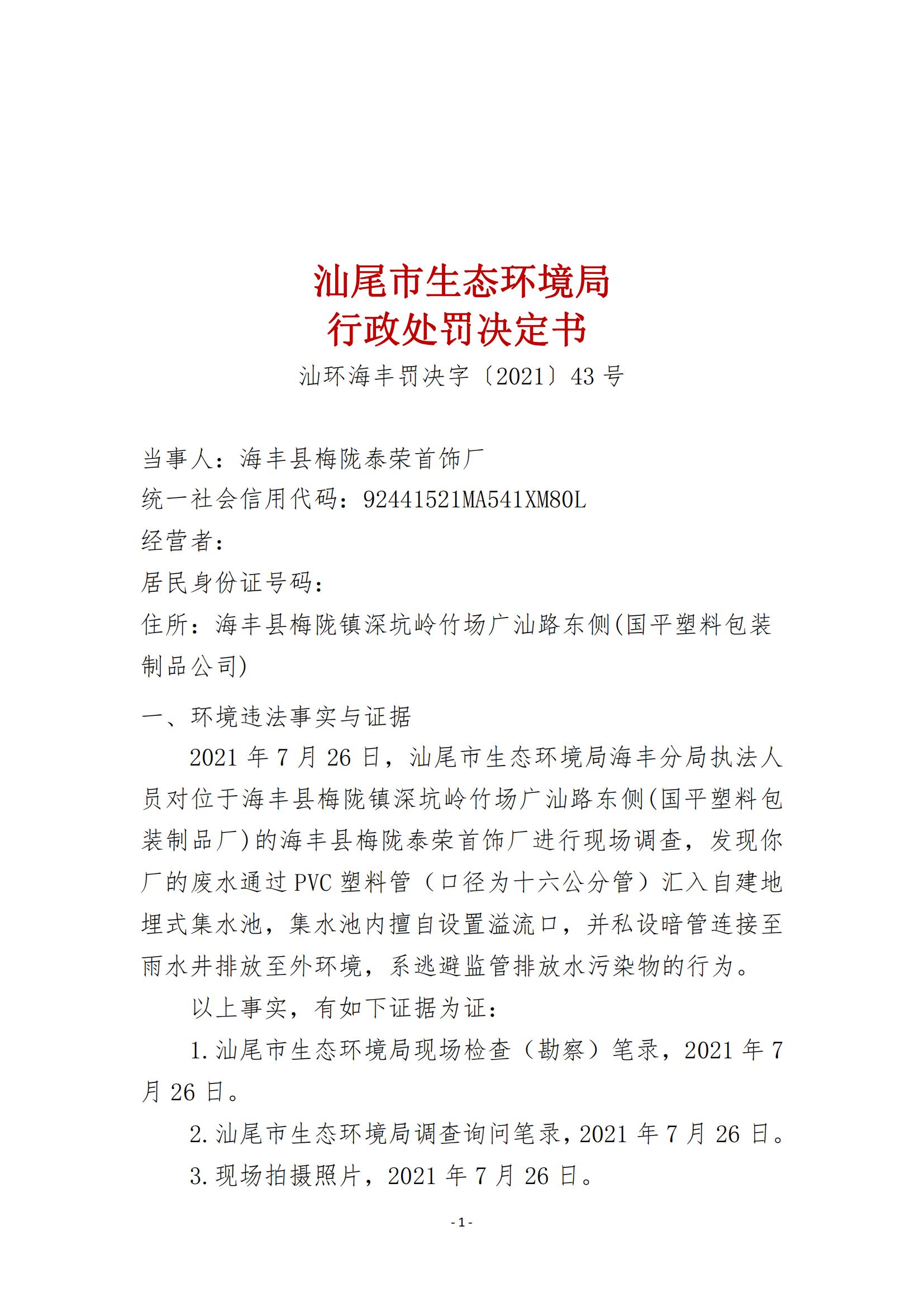 43.海豐縣梅隴泰榮首飾廠行政處罰決定書_00.jpg